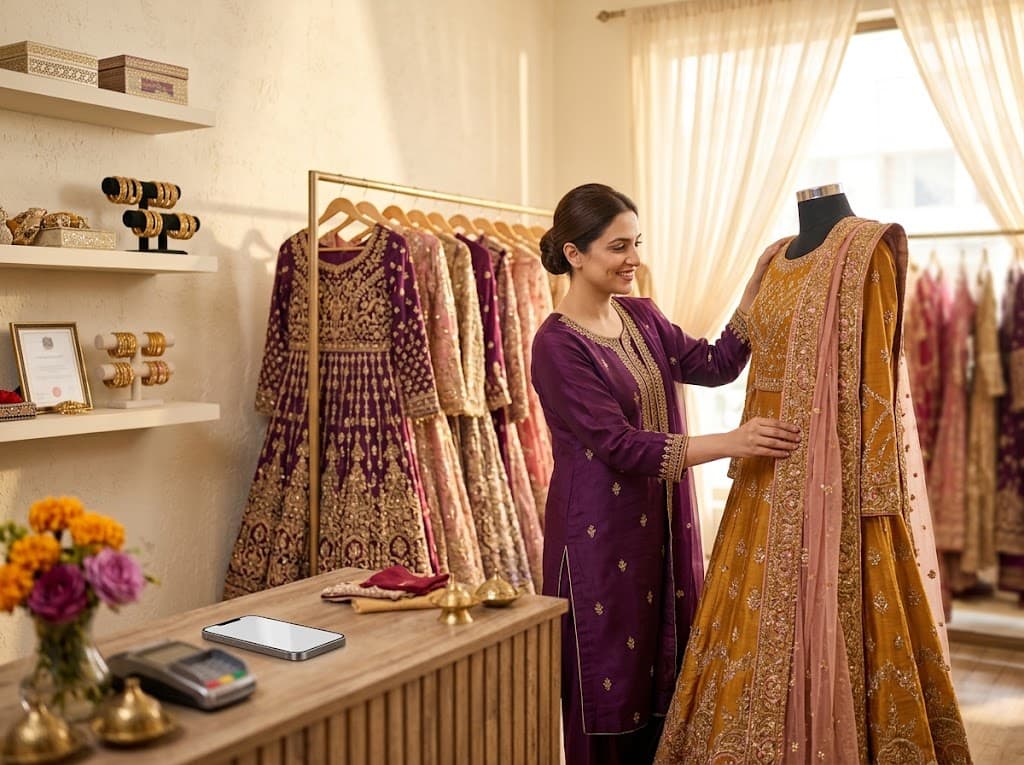 A shopkeeper showing bridal dresses to a family