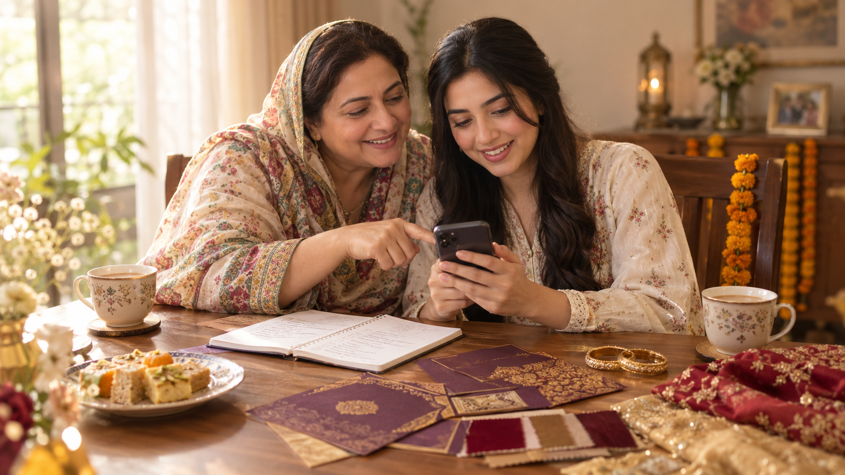 A mother and daughter planning a shadi together at home